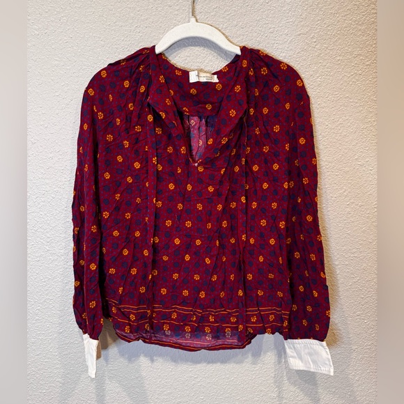 $700 Wales Bonner Madras Gathered Blouse RTR red v-neck long sleeve work blue - Picture 6 of 9